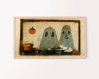 Happy Little Halloween Ghosts With Pumpkins, Samsung frame tv art, ghosts in the kitchen, Spooky, Cartoon Ghosts, Vintage, Digital Download