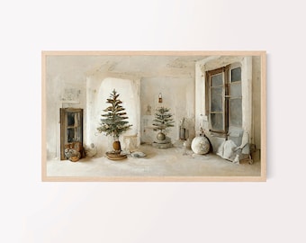 May include: A framed print of a room with Christmas trees. The room has a rustic, vintage aesthetic with a wooden door and window. The color palette is muted with neutral tones.
