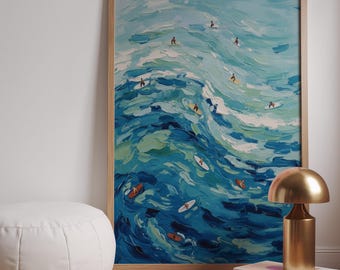 Aerial Beach Surfers Print, Tiny People Ocean Wall Art, Abstract Coastal Summer Poster, Modern Minimalist Decor (Instant Download)