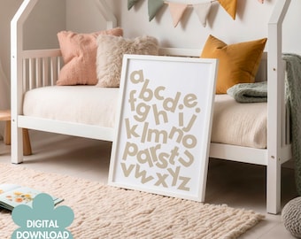 Impresión del alfabeto beige, arte mural educativo para guardería, póster de aprendizaje para niños pequeños, decoración moderna para sala de juegos, Montessori preescolar (descarga digital)