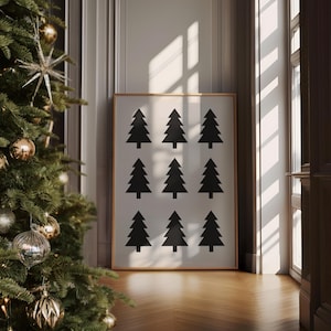 Impresión navideña en blanco y negro, impresiones navideñas minimalistas, impresión de árbol de Navidad, impresión de árbol de Navidad en blanco y negro, impresiones navideñas