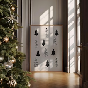 Impresión navideña en blanco y negro, impresión navideña minimalista, arte mural navideño, impresión de árbol de Navidad, impresiones navideñas para niños, impresión escandinava