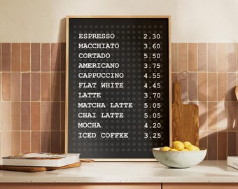 Black Coffee Bar Menu Print, Coffee Shop Print, Minimalist Kitchen Art, Coffee Wall Art, Retro Coffee Print, Gifts for Coffee Lovers
