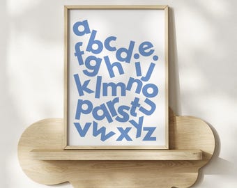 Montessori ABC Alphabet Print for Toddlers, Blue Nursery Wall Art, Educational Poster for Kids Room (Digital Download)