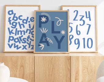 Blue Playroom Prints: Modern Alphabet, Numbers, & Play Art (Digital Download)