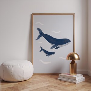 Stampa digitale per bambini con balena ad acquerello in formato A3, poster con creature marine in formato A4, stampa per sala giochi con tema oceano in formato A2, stampa didattica Montessori sul mare