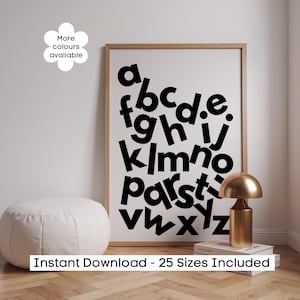 Impresión del alfabeto en blanco y negro, arte mural infantil para sala de juegos, arte mural Montessori para guardería, decoración imprimible para habitación de niños pequeños, habitación infantil moderna