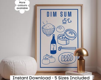 Retro Dim Sum Art Print: Blue Asian Food Illustration (Digital Download)