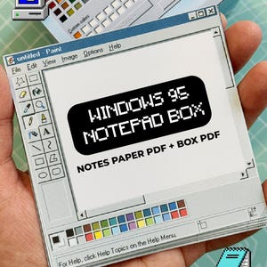 May include: A notepad box designed to look like the Windows 95 Paint program. The notepad features a black rectangle with the text "WINDOWS 95 NOTEPAD BOX" in white. The notepad also includes the text "NOTES PAPER PDF + BOX PDF".