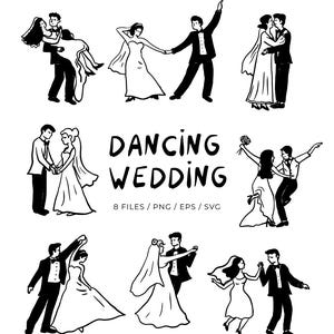 Può includere: Illustrazione in bianco e nero con coppie che ballano in varie pose. Il testo "DANCING WEDDING" è presente, insieme alle informazioni sui formati di file. L'immagine raffigura un tema nuziale con diverse coppie che ballano.