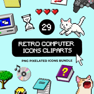 Puede incluir: Una colección de iconos y cliparts retro de ordenador pixelados sobre un fondo azul claro. La imagen incluye un ordenador, corazones, un gato, un pato, un mando y el texto "Retro Computer Icons Cliparts".