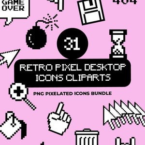 May include: A collection of retro pixel desktop icons and clip art in black and white on a pink background. Includes a game over speech bubble, a bomb, a floppy disk, and the text "ERROR 404". The bundle is labeled "PNG Pixelated Icons Bundle".