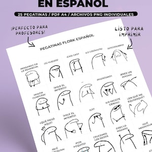 Peut inclure: Une feuille blanche avec des autocollants Flork en espagnol. Les autocollants présentent divers personnages Flork avec différentes expressions et phrases en espagnol. La feuille comprend également du texte en espagnol.