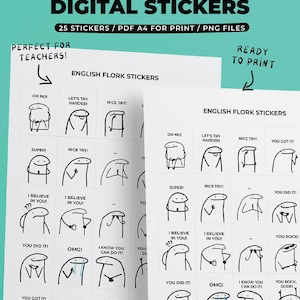 Naklejki z memami Flork dla nauczycieli, cyfrowe PNG, wydruk PDF