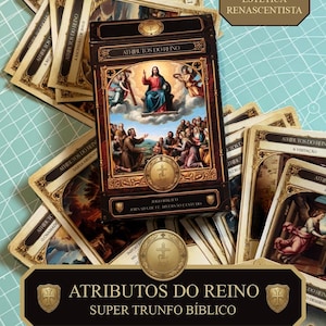 Peut inclure: Un jeu de cartes avec des images religieuses, avec une boîte centrale représentant Jésus et une foule. Les cartes et la boîte ont des accents dorés et bruns, avec du texte en portugais. Les mots "ATRIBUTOS DO REINO" et "SUPER TRUNFO BÍBLICO" sont visibles.