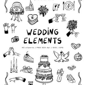 May include: Black and white hand-drawn illustrations of wedding elements, including a car, church, bouquets, cake, champagne glasses, rings, and a multi-tiered cake. Text reads "WEDDING ELEMENTS".