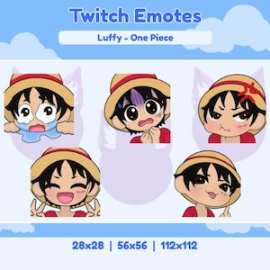 May include: A collection of five Luffy-themed Twitch emotes from One Piece, each depicting a different expression. Luffy is wearing a straw hat and red shirt. The emotes are in various sizes, including 28x28, 56x56, and 112x112 pixels, set against a blue sky background.