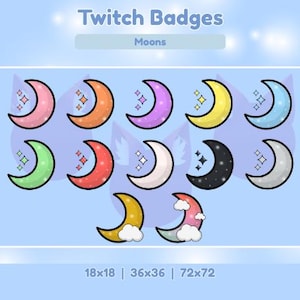12 Twitch Sub Badges | Moon | Bit Badges | Cute | Stream | Discord