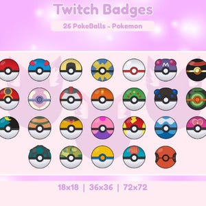 Könnte beinhalten: Eine Sammlung von 26 farbenfrohen PokéBall-Designs, ideal für Twitch-Abzeichen. Jedes Abzeichen hat ein einzigartiges Muster und Farbschema, darunter Rot, Blau, Gelb und Rosa. Der Text "Twitch Badges" und "26 PokéBalls - Pokemon" ist oben zu sehen.