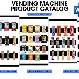 Könnte beinhalten: Eine anpassbare Produktkatalogvorlage für Verkaufsautomaten mit einer Vielzahl von Snack- und Süßwarenoptionen. Der Katalog umfasst gesündere Optionen, Schokoladen-Verkaufsautomatenoptionen und Chip-Verkaufsautomatenoptionen. Die Vorlage ist in Microsoft Word erstellt und vollständig anpassbar.