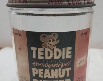 vintage Teddy Peanutbutter Jar Glass 1974
