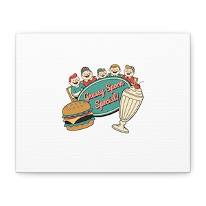 May include: Canvas art print featuring a retro diner scene. The image includes a burger, milkshake, and a sign that reads "Greasy Spoon Special!" with cartoon characters. The artwork has a vintage, diner aesthetic.