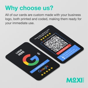 May include: Two black business cards with a Google review QR code and a Google logo. The text on the card reads "Please take a minute to give us a Google review!" and "REVIEW US ON Google". The card also includes a phone number, email address, and website address.