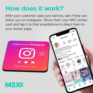 May include: A square, pink and orange coaster with a black border. The coaster has an Instagram logo and the text "Follow us on Instagram" and "Tap phone here". The coaster also has a small NFC symbol.
