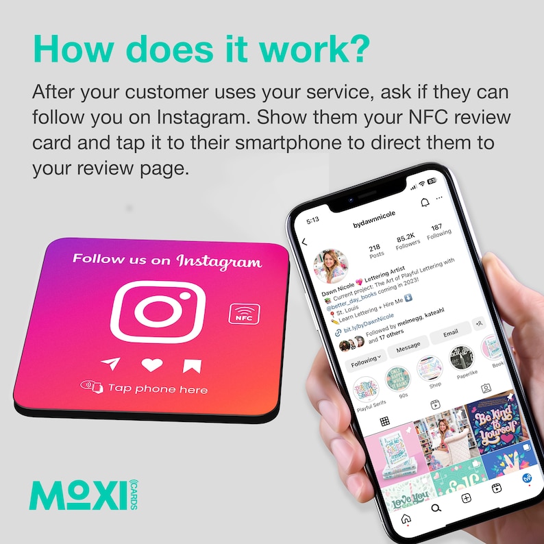 May include: A square, pink and orange coaster with a black border. The coaster has an Instagram logo and the text "Follow us on Instagram" and "Tap phone here". The coaster also has a small NFC symbol.