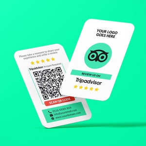 Visitekaartje TripAdvisor-recensie, logo QR-code-ontwerp, aangepast visitekaartje, gedrukte kaarten, afgeronde hoeken, dubbele kaarten, feedbackkaarten
