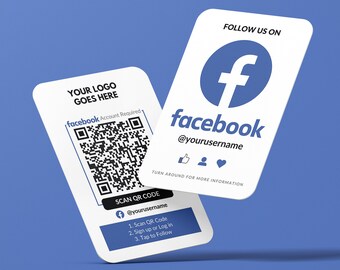 Facebook QR-code visitekaartje, Facebook-volgers, aangepast visitekaartje, gedrukte kaarten, afgeronde hoeken, eenvoudige Facebook-volger