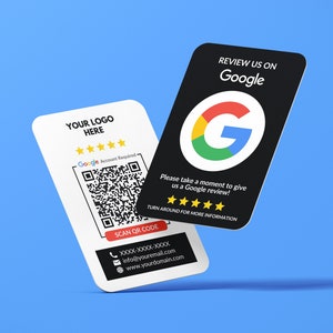 Cartão de visita Google Review, logotipo QR Code Design, cartão de visita personalizado, cartões impressos, cantos arredondados, cartões duplos, cartão de visita de feedback