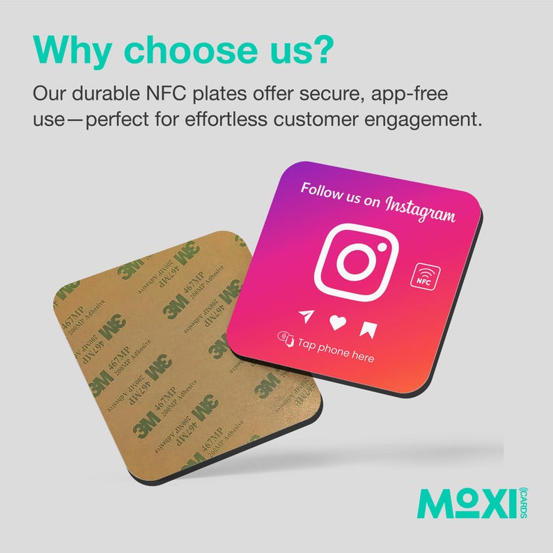 May include: A square, black NFC tag with a brown adhesive backing. The tag has a pink and red design with the text "Follow us on Instagram" and a white Instagram logo. The text "Tap phone here" is below the logo. The tag is on a white background.