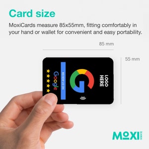 May include: A black plastic card with a Google logo, a five-star rating, and the text "REVIEW US ON" in white. The card measures 85mm by 55mm.