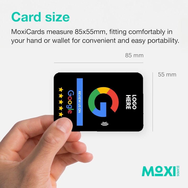 May include: A black plastic card with a Google logo, a five-star rating, and the text "REVIEW US ON" in white. The card measures 85mm by 55mm.