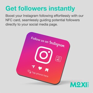 May include: A pink and orange square card with a white Instagram logo and the text "Follow us on Instagram". The card has a white NFC symbol and the text "Tap phone here". The card is a Moxie card.