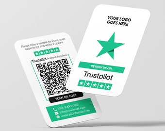 Revisão do Trustpilot de cartão de visita, design de código QR de logotipo, cartão de visita personalizado, cartões impressos, cantos arredondados, cartões duplos, cartões de feedback