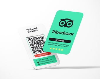 Visitekaartje TripAdvisor-recensie, logo QR-code-ontwerp, aangepast visitekaartje, gedrukte kaarten, afgeronde hoeken, dubbele kaarten, feedbackkaarten