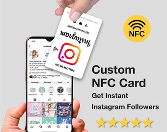 May include: A white NFC card with a black Instagram logo and the text "FOLLOW US ON" and "@yourusername" in black. The card is being held by a hand. The text "Custom NFC Card" is in black text on a white background. The text "Get Instant Instagram Followers" is in black text on a white background. Five yellow stars are below the text. The text "NFC" is in black text on a yellow circle with a wifi symbol.
