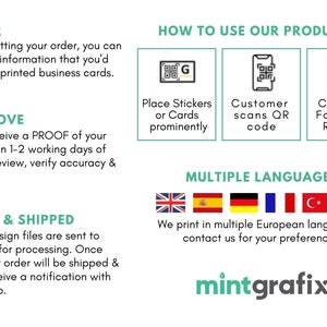 May include: A graphic explaining how to use QR codes on products. The graphic shows a QR code sticker, a phone scanning the code, and a hand pointing to a star rating. The graphic also includes text explaining the process in English. The graphic is on a white background with green accents.