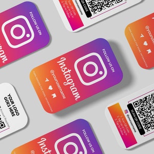 May include: A set of five colorful business cards with rounded corners. Each card features the Instagram logo, the text "Follow Us On", and a QR code. The text "@yourusername" is also included on each card.