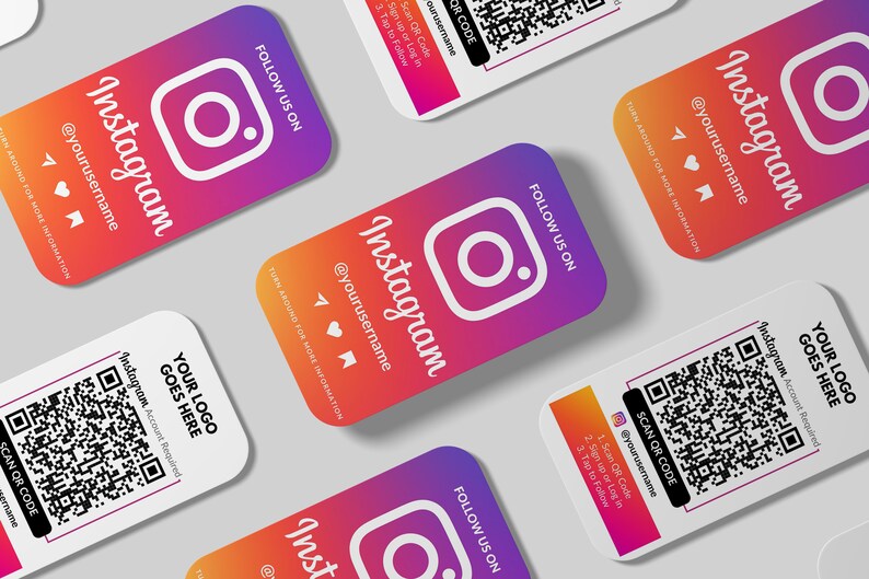 May include: A set of five colorful business cards with rounded corners. Each card features the Instagram logo, the text "Follow Us On", and a QR code. The text "@yourusername" is also included on each card.
