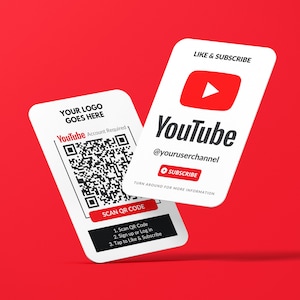 Cartão de visita do YouTube, design de código QR de logotipo, cartões de assinatura, cartões semelhantes, cartão de visita personalizado, cartões impressos, cantos arredondados, cartões duplos,