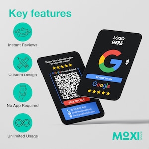 May include: A black and green Google review card with a QR code, phone number, email address, and website address. The card has the text "Please take a minute to give us a Google review!" and "Google Account Required".