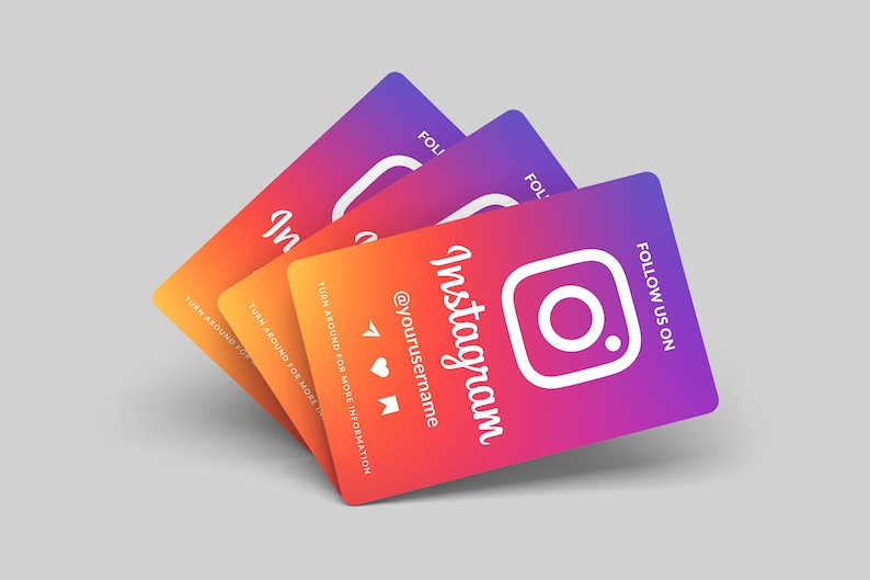 May include: A stack of colorful business cards with a gradient design. The top card features the Instagram logo and the text "Follow us on Instagram @yourusername".