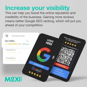 May include: A black and white business card with a Google logo and a QR code. The card says "Review us on Google" and "Scan QR Code". The text "Please take a minute to give us a Google review!" is also on the card.