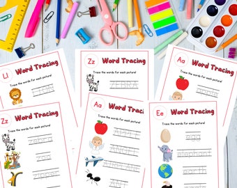 May include: Five printable worksheets for tracing letters and words. Each worksheet features a different letter of the alphabet and a corresponding picture. The letters are in red, and the words are in black. The worksheets are designed for young children learning to write.