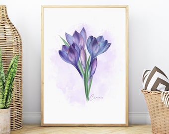 Może przedstawiać: Akwarela przedstawiająca fioletowe krokusy na jasnofioletowym tle. Obraz jest oprawiony i zawiera napis "Crocus" napisany kursywą u dołu.