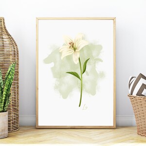 Lily Flower Print, Cream Floral Watercolor Wall Art (Digital Download)