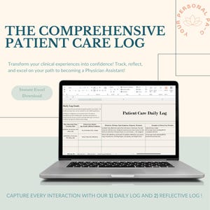 Op de afbeelding: Een laptop met een spreadsheet met de titel "Patient Care Daily Log". Het scherm toont een tabel met kolommen voor datum, locatie, patiëntgegevens en voorbeelden van zorg. De tekst bovenaan luidt "The Comprehensive Patient Care Log".